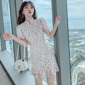 复古立领显瘦泡泡袖连衣裙女2021夏季旗袍改良新款气质雪纺碎花裙