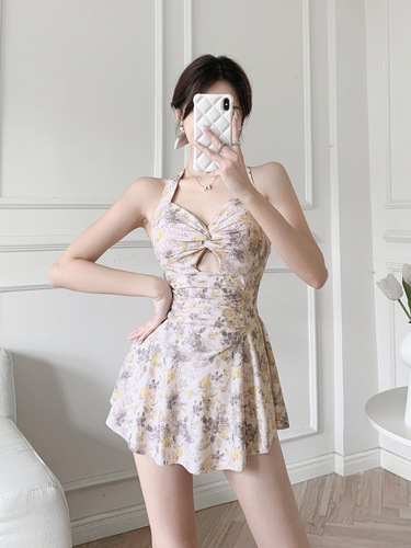 Girls Slim Hot Spring Swimsuit Women's Slim Belly Covering Skirt Style Conservative One-piece  New Internet Celebrity Style