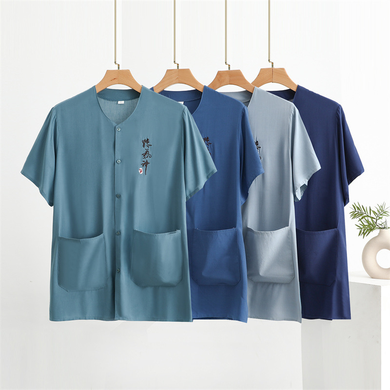 Cotton Silk Shirt Embroidered Middle-Aged and Elderly Men's Summer Thin Artificial Cotton Flap Pocket Pants Cardigan Large Size Top Short-Sleeved T-Shirt Cotton Silk Shirt Embroidered Middle-Aged and Elderly Men's Summer Thin Artificial Cotton Flap Pocket Pants Cardigan Large Size Top Short-Sleeved T-Shirt