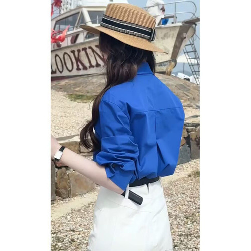 Klein Blue Shirt Casual Top, High-Grade Loose Elegant Long-Sleeve Blouse for Outerwear, Thin-Sleeved Sun Shirt