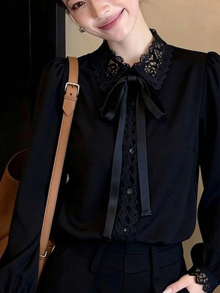 Retro lace spring black elegant shirt with bow