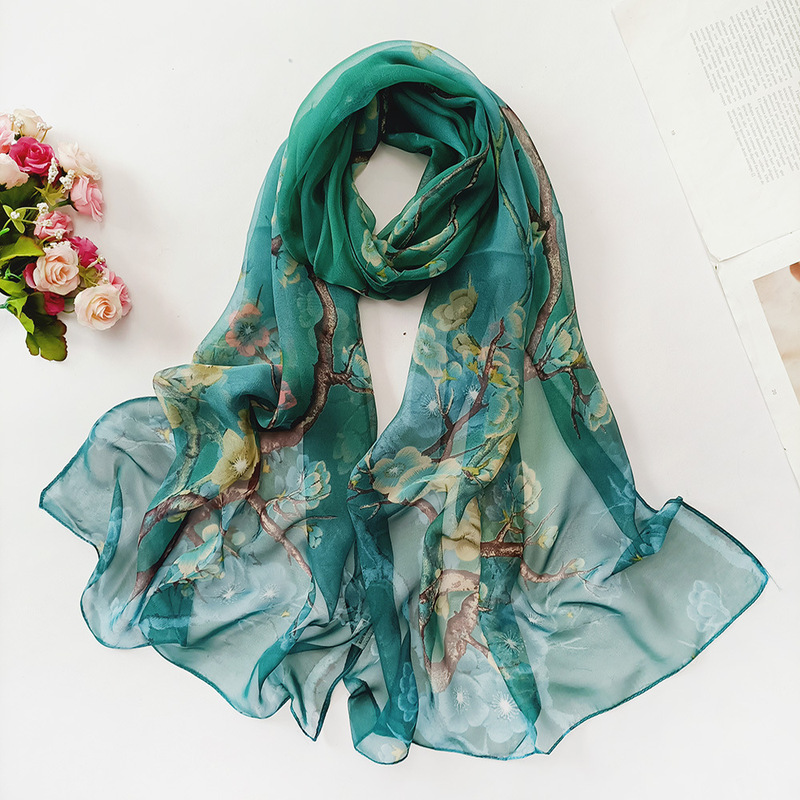 Summer Sun Protection Silk Scarf Seaside Beach Towel Wholesale Long Women's Soft Plum Blossom Women's Decorative Thin Silk Scarf