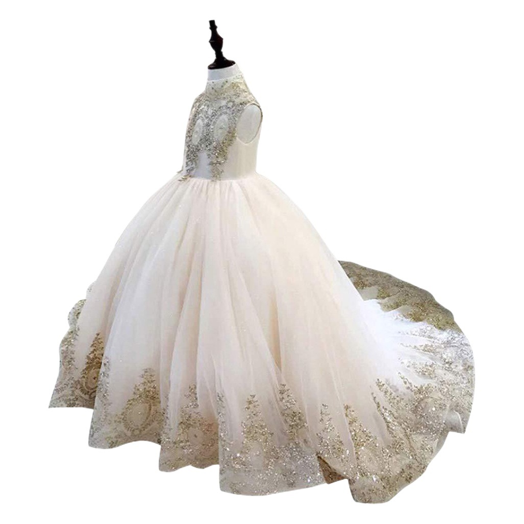 Vestidos de boda transfronterizos europeos y americanos para niñas, vestidos sin mangas para niñas, vestidos de presentación, vestidos de princesa con cola abullonada para niñas de las flores.