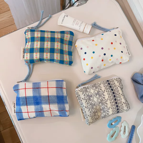 [Su Xi cloth bag] fresh blue wave dot floral coin purse mini zipper bag earphones lipstick storage bag