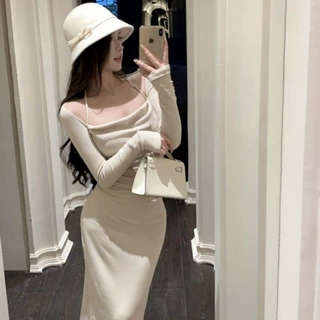 方领挂脖连衣裙女冬季轻熟御姐风裙子收腰气质包臀长裙内搭打底裙