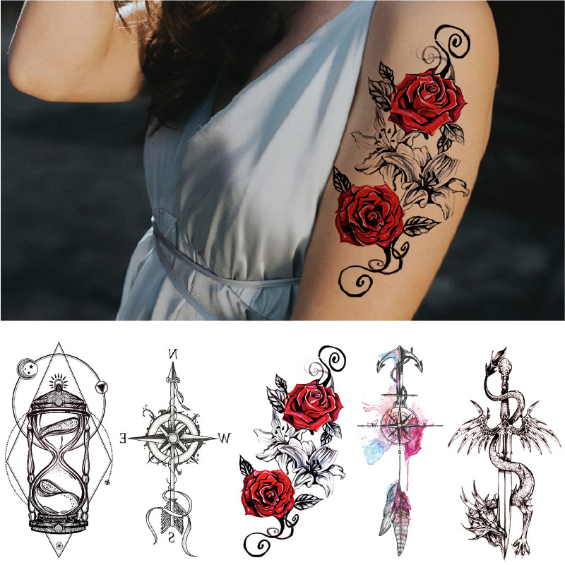 Factory Direct Sales Half-Arm Tattoo Stickers Rose Arrow Large Image Water Transfer Temporary Tattoo Stickers Cross-Border Supply