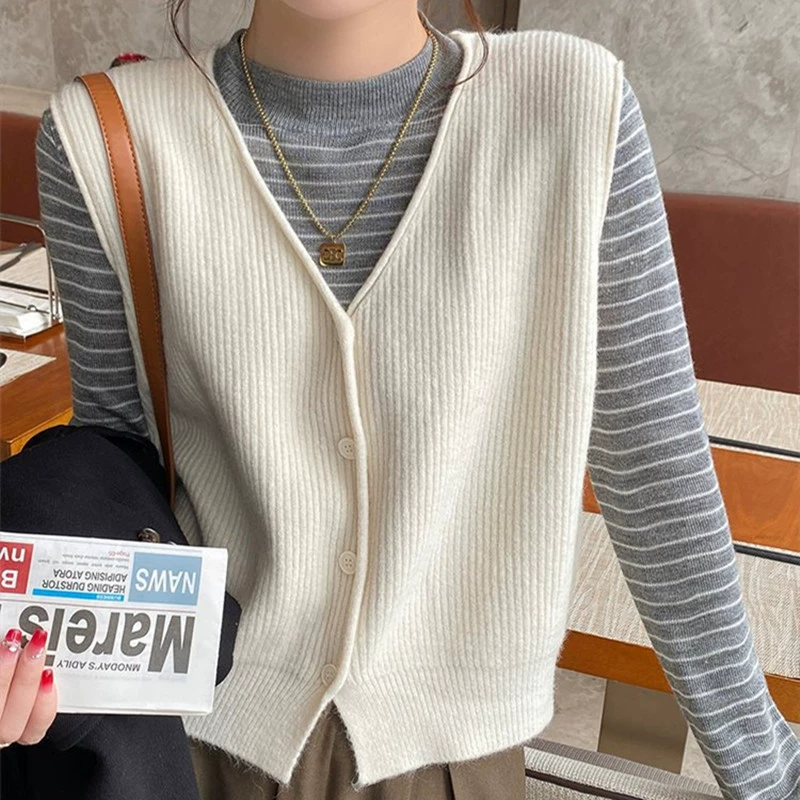 Вязаный кардиган с V-образным вырезом плечо жилет 2024 новая корейская мода тонкая дикая рубашка
