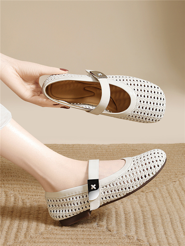 Dép sandal nữ da thật dệt rỗng mũi tròn đế bệt quai chữ V — 6057 Màu cà phê, 6057 Màu be chi tiết 4