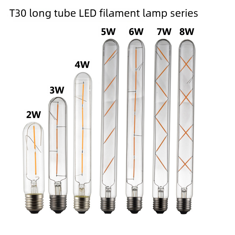 T30 flute bulb tube type LED tungsten filament lamp, retro filament lamp 2W 3W 4W 5W 6W 7W 8W E27