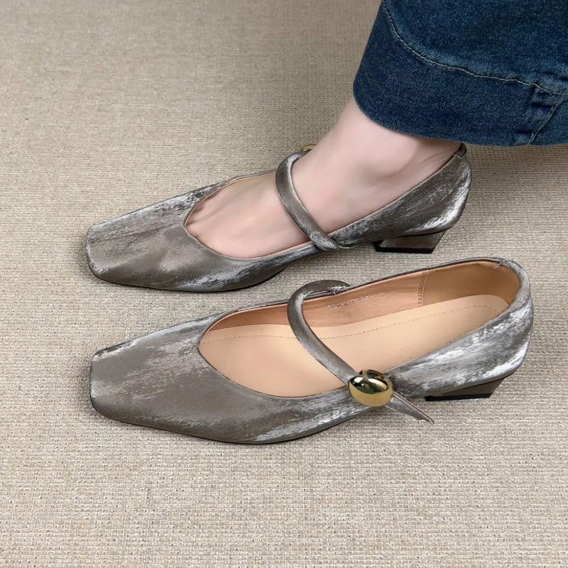 Giant Good Wear Square Toe Chunky Heel Mid-Heel Shallow Mouth Shoes with One-Button Cowhide Blue Socialite French Spring and Autumn Mary Jane Shoes
