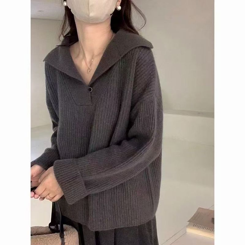 韩系2025秋冬新款翻领针织衫女上衣宽松纯色慵懒温柔针织上衣毛衣|undefined