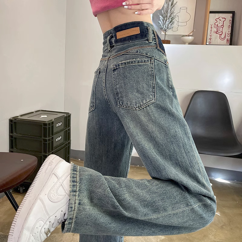 Narrow version wide-leg jeans for women in spring and autumn 2023 new contrasting color high waist design loose straight pants for women in summer