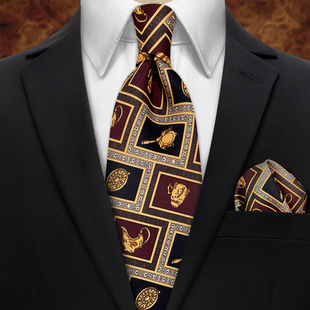 Trendy Men's European and American Formal Business Banquet Suit with Paisley Retro Pattern 9cm Wide Tie Pocket Square Set