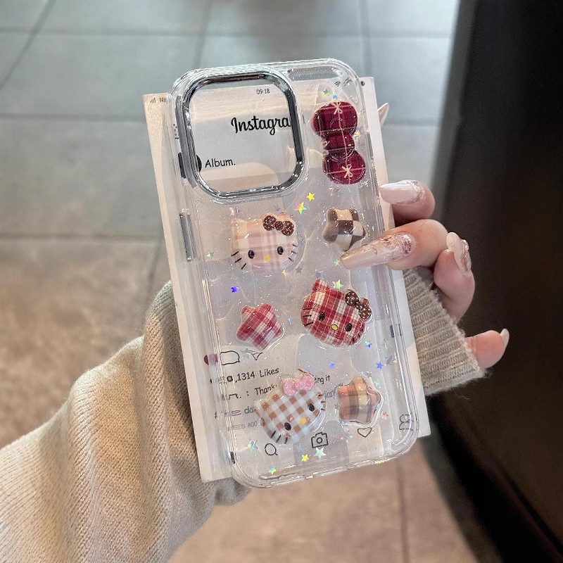 For Apple 16ProMax phone case iPhone15Pro cute simple plaid star kt cat 14plus