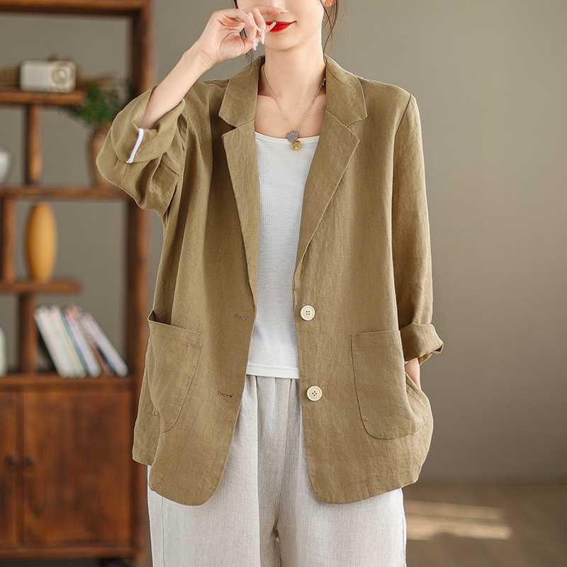 Casual Cotton and Linen Suit Jacket for Women Spring 2024 New Style Literary Retro Pure Color Loose Versatile Suit Top