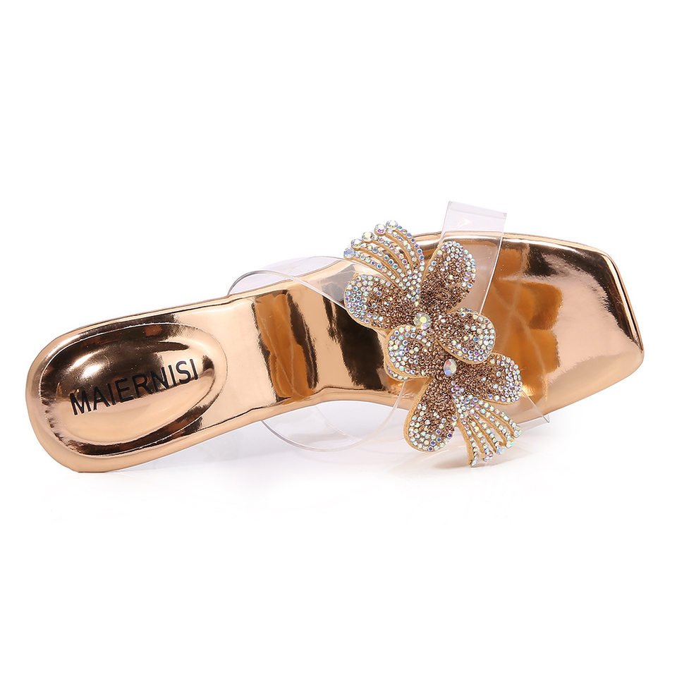 Sandal nữ quai ngang gót ly trong suốt đính hoa đá lấp lánh, gót 6–8 cm — Vàng Sâm Banh, bạc