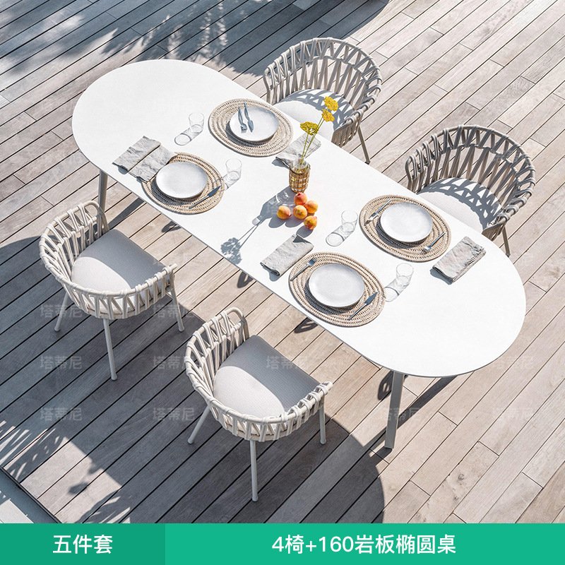Mesas y sillas para exteriores, balcón con patio, protección solar, impermeables, muebles de ratán para ocio, terraza de jardín al aire libre, juego de mesa larga de ratán. image 16