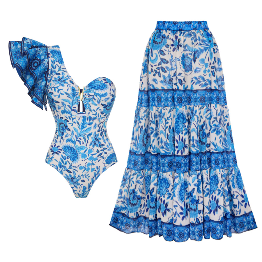 154g Weight Sleeveless Sleeve Length Women's Elegant Printing 2 Pieces Set One Piece Swimwear