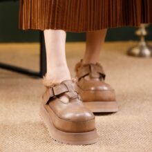2025新款冬季鞋女水洗牛皮厚底轻软羊羔毛皮鞋真皮棉鞋加绒勃肯鞋