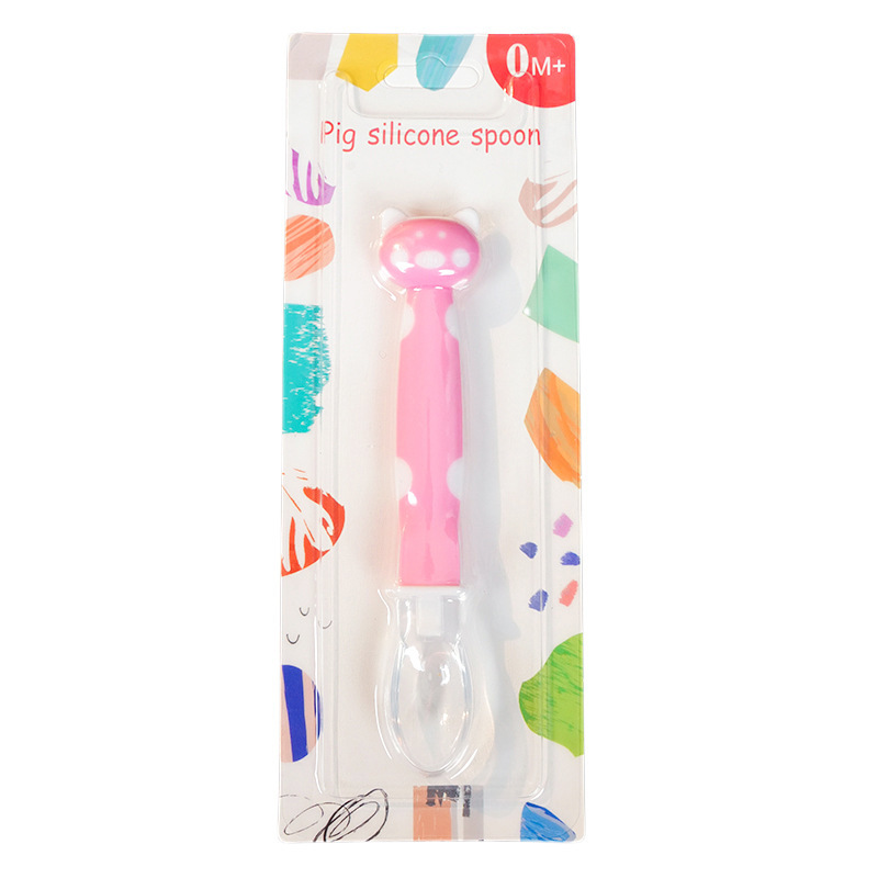 Inglés tarjeta bebé cuchara de silicona bebé alimentación vajilla suave cabeza cuchara dibujos animados suplemento alimenticio cuchara sopa cuchara
