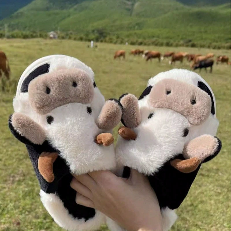 Plush Demi-Season Slippers, Cozy Indoor Warm Shoes, Sizes 36–43, Cute Cow Option