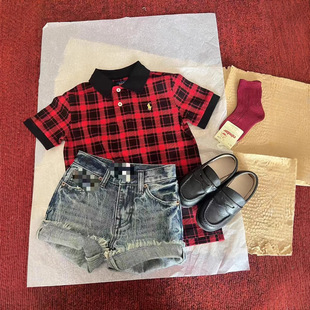 2025 New Children's Classic Plaid Red Short-sleeved Polo Lapel Top Short-sleeved Foreign Trade Sweep Code