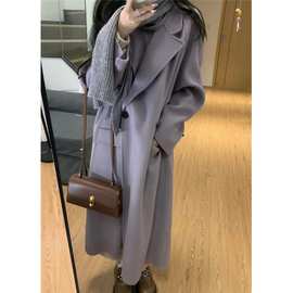 2025新款温柔风大口袋双排扣翻领长袖毛呢大衣女秋冬气质长款外套