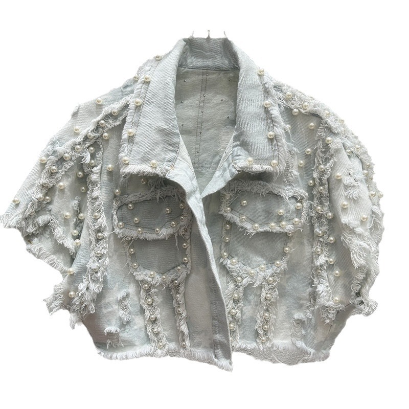 Estación europea 2024 nuevo estilo de moda teñido de clavos pesados chaleco de vaquín de perlas chaleco de mujer abrigado abrigo corto image 5