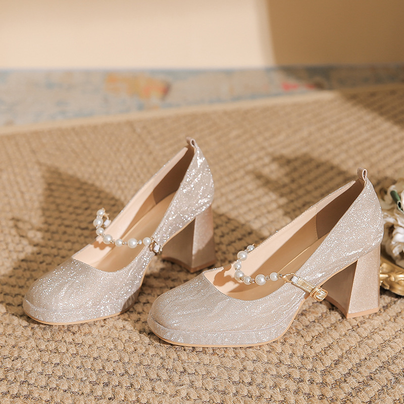 Champagne-Colored Wedding Shoes, Bridal Shoes, Square Toe, Thick Heel, Waterproof Platform High Heels, 2026 Spring and Autumn Mary Jane Women's Shoes
