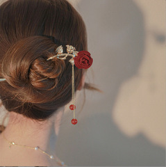 Temperament Chinese style rose hairpin, ancient style exquisite tassel hairpin, French retro Hanfu bridal hairpin, hairpin