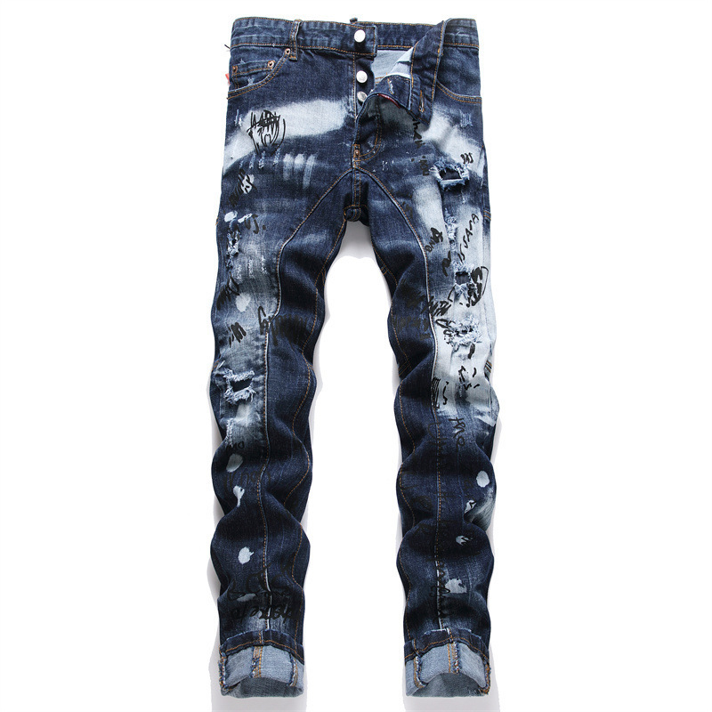 New Little Head Ripped Cloth Patchwork Printed Hot Sale Men's Slim-Fit Stretch Skinny Jeans D136
