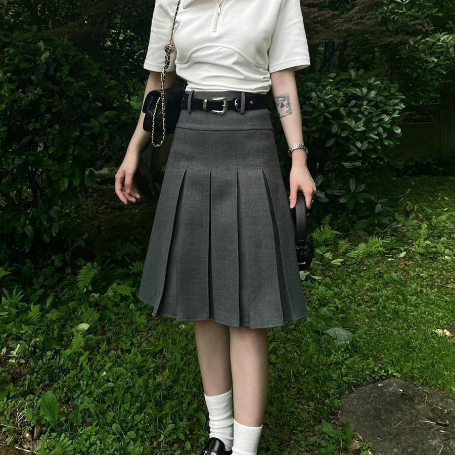 High-Waisted Preppy Style Suit Skirt Gray Pleated Skirt for Women 2025 New A-Line Classy Slim and Versatile Style