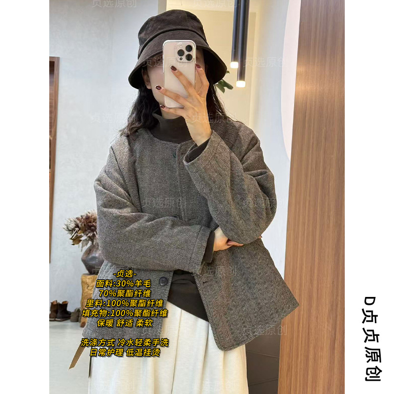 圆领文艺复古棉衣外套女冬季新款宽松休闲气质短款棉服上衣30060