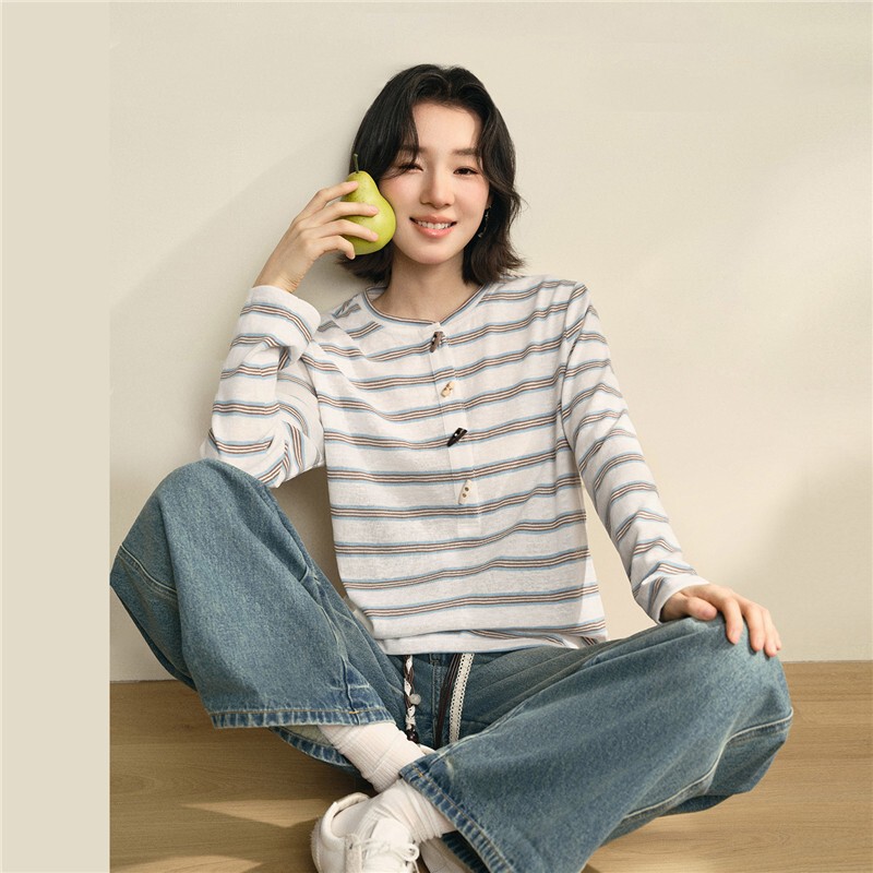 Giordano Designer Spring/Summer Loose Round-Neck Striped Knit T-Shirt for Women, Long-Sleeve Casual Versatile # 4655J
