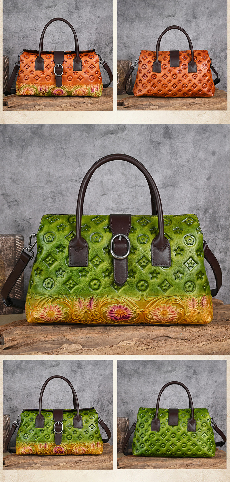 Túi xách tay da thật cổ điển phong cách Trung Quốc, đánh bóng thủ công, đeo vai đa năng (33×10×19 cm) — Xanh lá cổ điển chi tiết 19