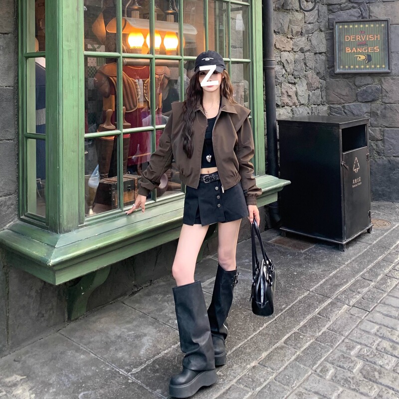 美拉德垫肩皮夹设计感早秋新款甜酷辣妹短款外套女棕色机车服复古|undefined