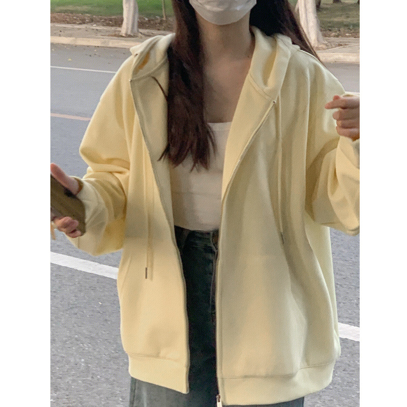 National fashion milk apricot cardigan sweater women's early autumn thin oversize solid color simple lazy style hooded coat fashion