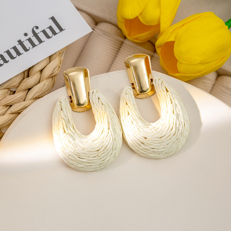 15g Weight Alloy Ear Needle Material Drop Earrings Classification 1 Pair Quantity Holiday, Daily Occasion raffia Material Geometric Pattern Women's Gender Retro Style 1 Pair Retro Geometric Raffia Drop Earrings 4