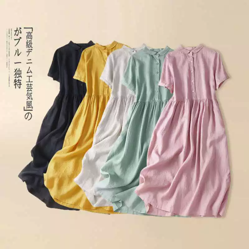 Настоящий снимок 2024, новое летнее стильное литературное платье больших размеров в стиле ретро, однотонное свободное длинное платье