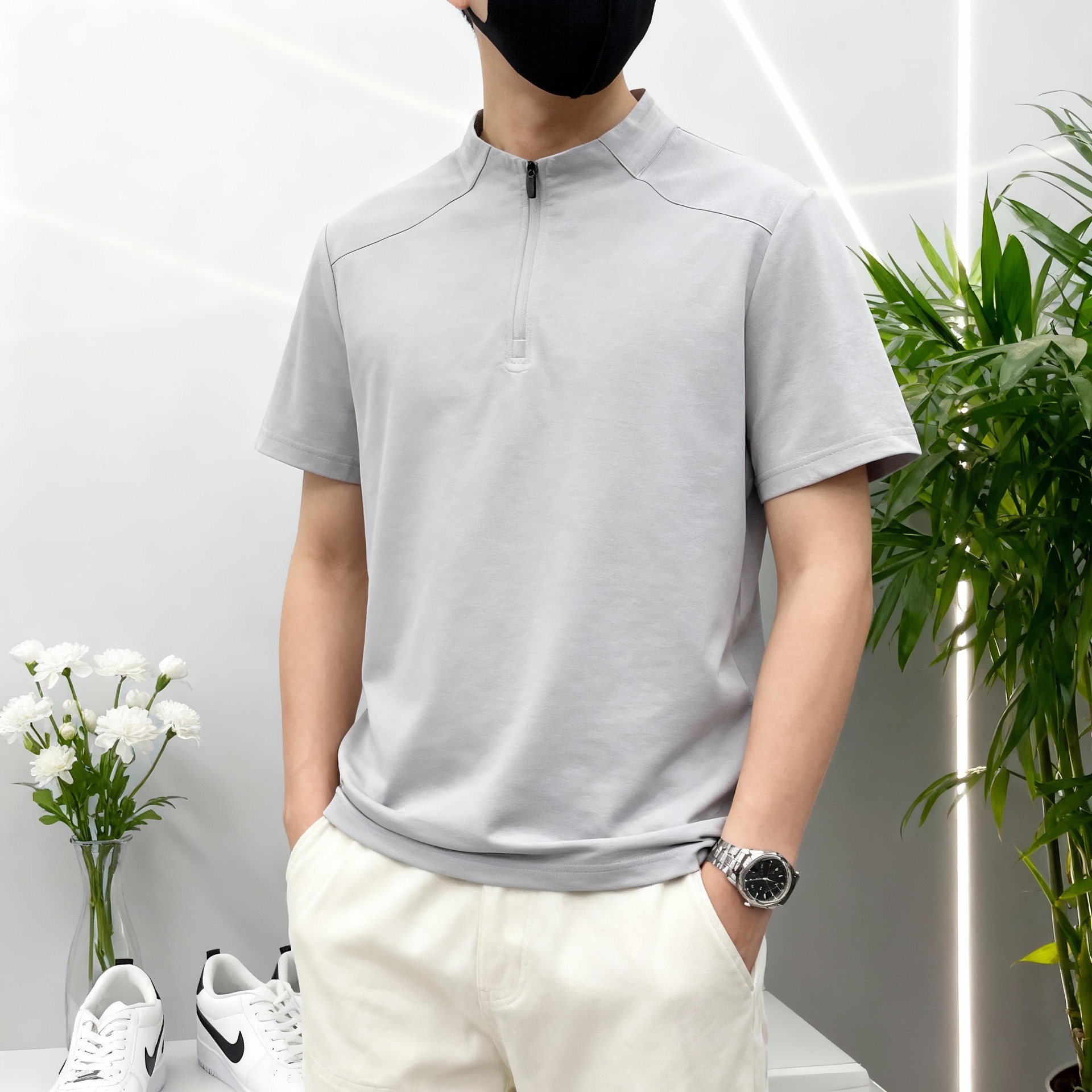 Transfronterizos al aire libre para hombres secado rápido camiseta de manga corta para hombres 2026 verano delgado cuello medio cremallera camiseta casual transpirable