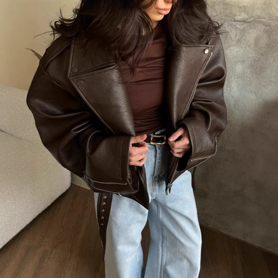 高级感短款美式宽松带腰带女士外套机车服皮衣跨境欧美2025新款