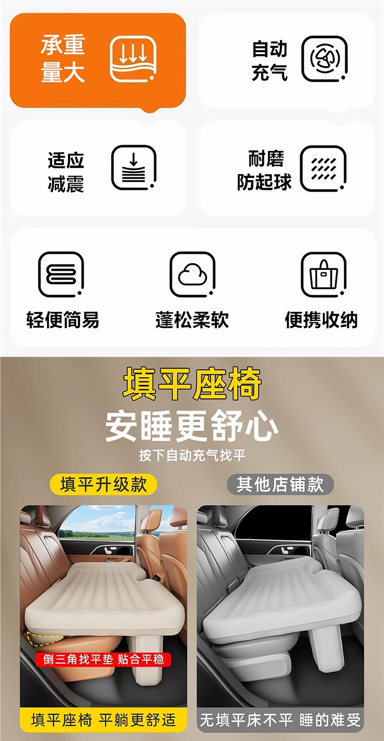 Car rear seat automatic inflatable bed, car mattress for travel and home use, rear seat sleeping pad, foldable mat with built-in leveling feature