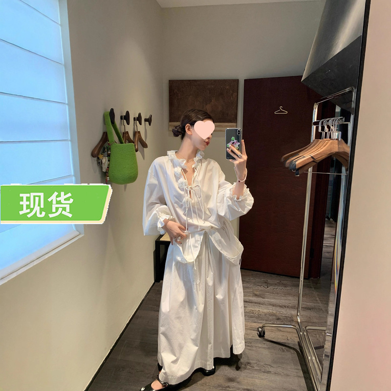 le rouge周美美 温情手作vintage毛边花朵白色绑带灯笼袖衬衫|undefined