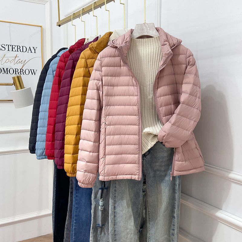 90 White Duck Down Lightweight Down Jacket Women's Short Autumn and Winter New Hooded Lightweight Thin Jacket plus size Removable Cap