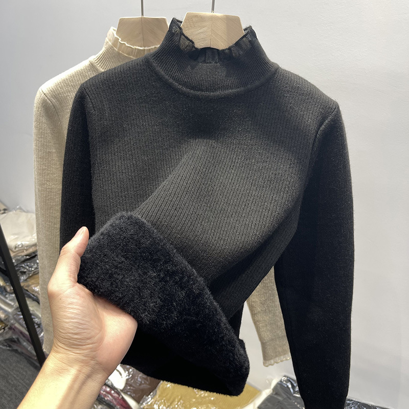 KANING medio cuello alto forrado de lana engrosada suéter mujeres Otoño e Invierno borde de encaje de una pieza de terciopelo de punto camisa de fondo