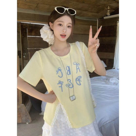 2025 Summer New Arrival chubby girl plus size Women's Fashionable Lace Embroidered Letters Beads Loose Short-sleeved T-shirt