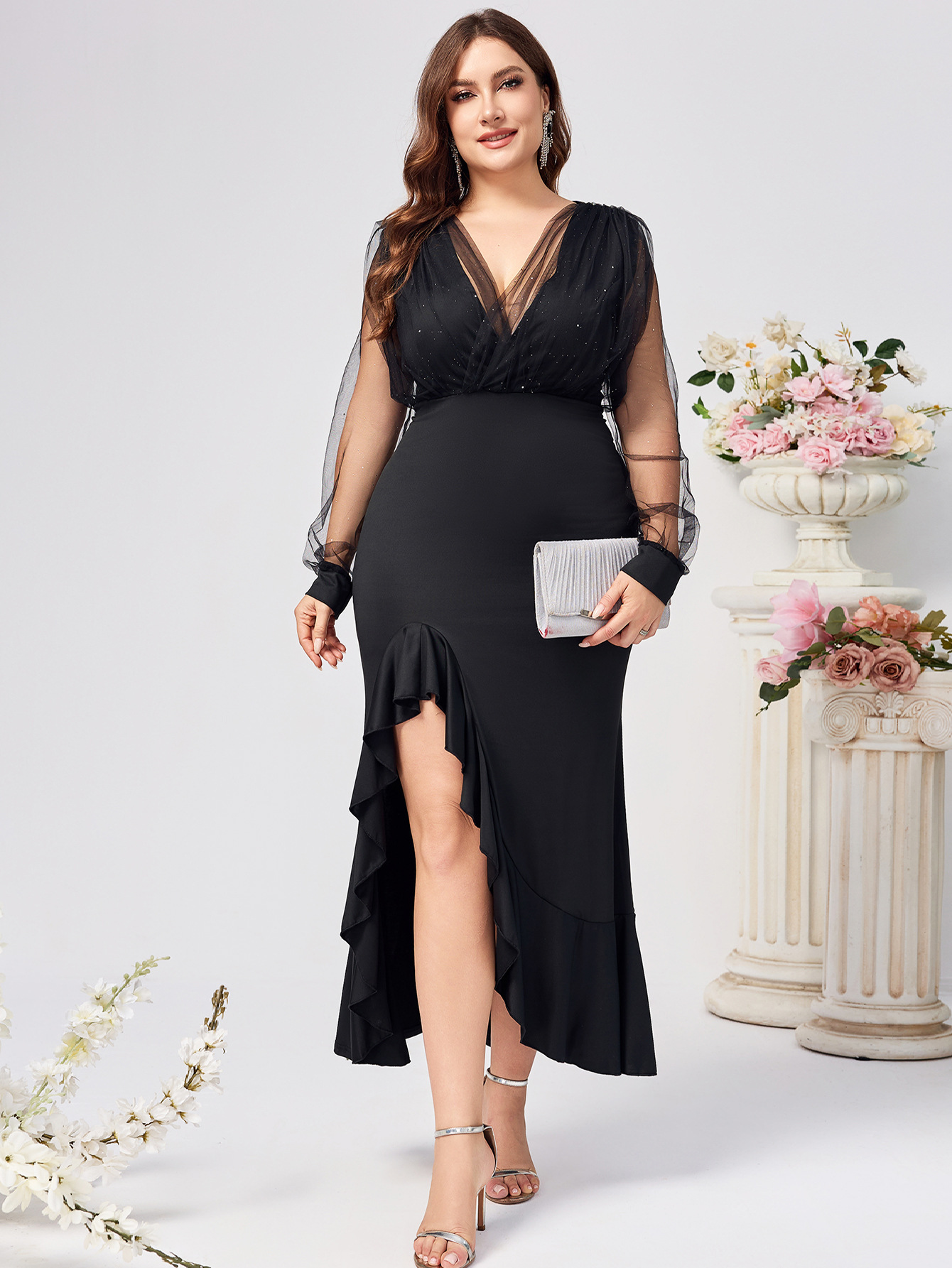 Europa y los Estados Unidos comercio exterior transfronterizo exclusivo para V-collar malla manga desear Amazonas temperamento elegante vestido de mujer grande