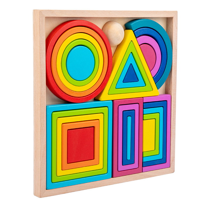 Caja de madera geométrica forma arco iris bloques de construcción educación temprana de los niños montaje variedad combinación montón música juguetes educativos al por mayor