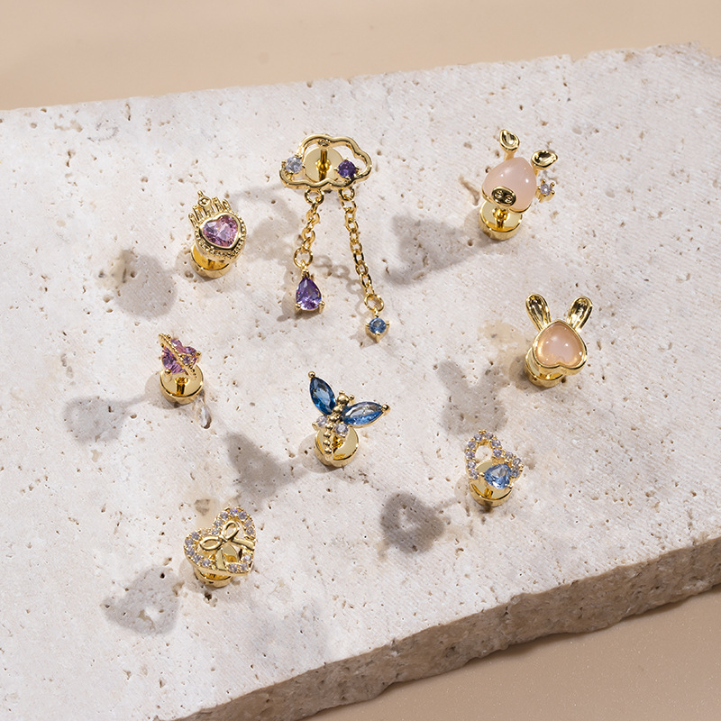 2PCS Neue Mode Earbone Studs Zirkon Herz Bogen Knoten Libelle Edelstahl Dünne Stange Einzigen Kopf Runde Kuchen Schraube ohrnägel_voghion.com