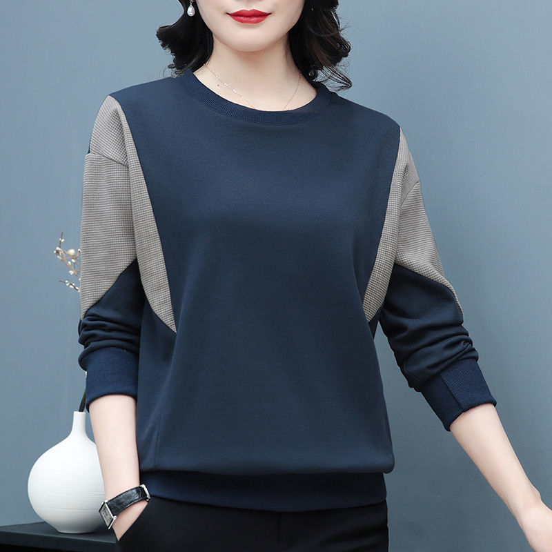 棉质卫衣女2025年春秋新款中年妈妈圆领宽松大码长袖T恤洋气上衣|undefined
